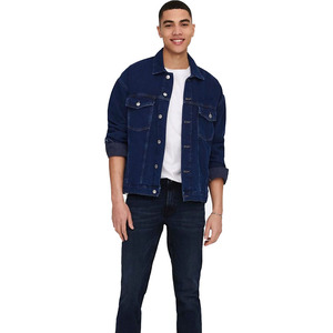 Veste en jean classique pour homme, couleur unie, col rabattu décontracté, coupe régulière, 100% coton, bleu délavé, manteau coupe-vent d'hiver - Product Image 5