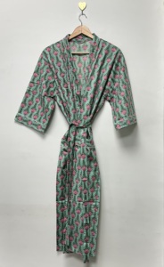 Women's Handmade Cotton Floral V-neck <b>Kimono</b> Robe Long Sleeve <b>Belted</b> Eco-Friendly Breathable Pockets Summer Sleepwear Resort - Product Image 4