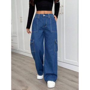 Vaqueros de mezclilla para mujer, estilo moderno y atrevido, azul piedra, multibolsillos, 100% algodón, ecológicos, transpirables, de cintura alta, estilo vintage, a la moda - Product Image 6