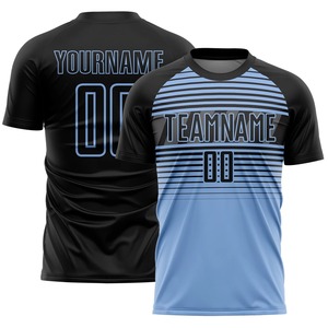 Ensemble de maillots de football personnalisés sublimés pour hommes, noir et bleu rayé, manches courtes, col rond, évacuation de l'humidité, 100% polyester, adulte - Product Image 3