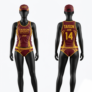 Uniforme de voleibol de playa premium de poliéster y spandex de 200 GSM, diseño de paneles en color granate y dorado, sublimación, logotipo personalizado - Product Image 6