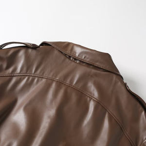 Manteau long en cuir d'agneau véritable marron avec ceinture, col rabattu, manches longues, imperméable, fermeture à un bouton - Automne Femme - Product Image 4