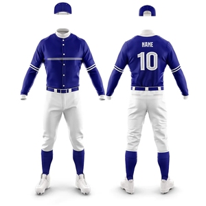 Maillot de baseball personnalisé pour homme, manches longues, bleu et blanc, 100 % polyester, évacuation de l'humidité, broderie, numéros d'équipe, coupe classique - Product Image 1