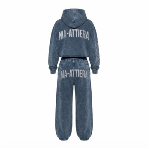 Custom <b>Women</b> Acid Wash Blue Gray Cropped Hoodie <b>Jogger</b> Set Cotton <b>Fleece</b> Streetwear Tracksuit OEM Wholesale - Product Image 4
