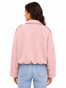 Livster Women's Cropped Pink <b>Suede</b> Bomber <b>Jacket</b> Breathable 100% Polyester Casual Short Drop-shoulder Long Sleeve - Product Image 3