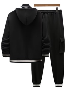 New Men's Casual Sporty Hooded Baseball Jacket Cardigan Long-Sleeve Quick Dry Striped Work Pocket Long Pants Set 100% Cotton - Product Image 4