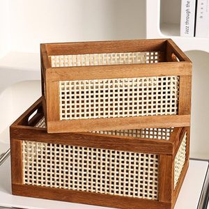 Modern Rattan <b>Storage</b> <b>Basket</b> Wooden Organizer Bin with Handles <b>Rectangular</b> Woven Tray for Living Room Bedroom Nursery - Product Image 3
