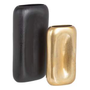 Venta al por Mayor de Floreros Modernos de Hierro y Metal |   Juego de 2 Jarrones de Metal en Negro Mate y Dorado Desgastado, Recipientes Florales para Diseño de Interiores - Product Image 1