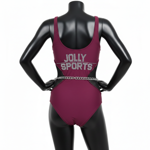 Traje de Baño Deportivo para Mujer, Tela Premium de Nailon y Spandex, 220 GSM, Panel de Malla Borgoña, Logotipo con Pedrería, Traje de Baño Personalizado para Mujer - Product Image 2