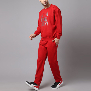Ensemble de sweat-shirt à col rond rouge pour homme, pantalon de jogging en molleton uni, 2 pièces, vêtements d'automne, logo imprimé, style décontracté - Product Image 4