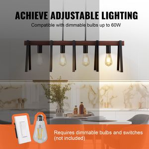 Lampada a Sospensione Industriale a 4 Luci per Isola Cucina, 60W, Regolabile, per Sala da Pranzo, in Metallo, con 2 Aste da 6 e 2 Aste da 12 - Product Image 5