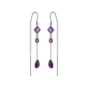 Natural Amethyst 925 Sterling Silver Threader Earrings Long Chain Geometric <b>Purple</b> Gemstone Drop Dangle Earrings Wholesale - Product Image 3
