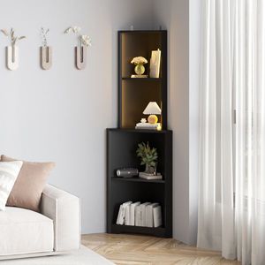 Espositore Angolare a L a 4 Livelli 40*40*165cm in Truciolato con Luci LED e Multipresa, Modello Nero Personalizzabile, Imballato in Cartone - Product Image 1