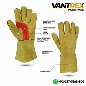 Leather Welding <b>Gloves</b> Yellow Red Palm Reinforcement Straight Thumb Heat Resistant Breathable Molten Metal Splash Test <b>Gloves</b> - Product Image 2