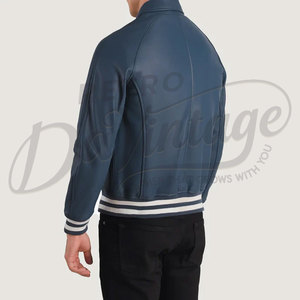 Chaqueta Bomber de Cuero Genuino Azul para Hombre con Cuello Clásico de Camisa y Puños Acanalados a Rayas, Prenda Deportiva de Cuero Completo de Primera Calidad - Product Image 6
