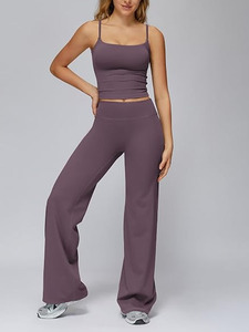 Conjunto de Yoga para Mujer, Top Corto y Pantalones Anchos de Cintura Alta, Color Sólido, Spandex y Poliéster, Ropa Deportiva sin Costuras, Conjunto de Dos Piezas - Product Image 1