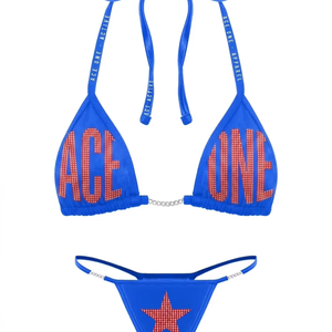 Premium 220 GSM Nylon Spandex Blue <b>Bikini</b> <b>Set</b> Rhinestone Heat Transfer Logo Chain Detail Custom Women <b>Bikini</b> <b>Set</b> - Product Image 1