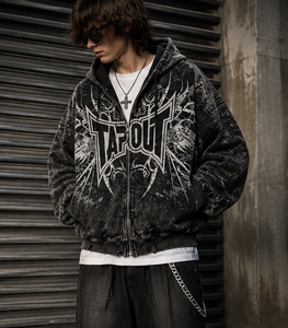 Sudadera con capucha personalizada estilo Y2K vintage de los 90, con cremallera, lavado ácido, diseño de esqueleto y estampado digital, larga y extragrande. - Product Image 3
