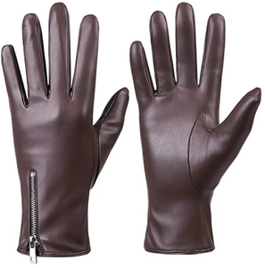 Gants de conduite pour femme en cuir de mouton marron, à doigts complets, chauds pour l'hiver, avec fermeture éclair sécurisée - Product Image 1