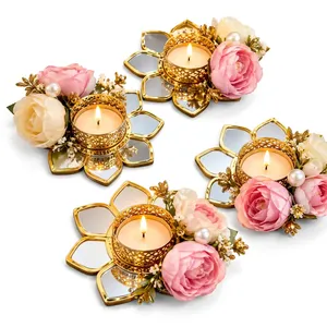 Golden Floral Tea <b>Light</b> Holder with Pink <b>Roses</b> and Mirrored Petals for Wedding Home Decoration - Product Image 3