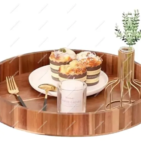 Natural Round Wooden Trays With Wood Handle Sustainable Biodegradable Eco Wicker Coffee Tea Bread Serving Tray