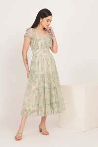 Vestido midi con estampado floral, corte en A, manga corta y volantes, cintura natural, ajuste holgado, informal, para verano, vestido de mujer. - Product Image 3