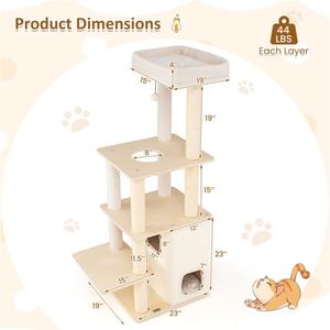 Arbre à chat en bois de 63 pouces avec condo à 2 étages, 5 poteaux à gratter en sisal, capacité de 44 lb par niveau, griffoir intérieur en bambou - Product Image 3
