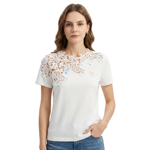 Camisetas de Mujer con Encaje Floral a la Moda 2026, Elegantes con Apliques Bordados, 100% Algodón, Camiseta de Lujo Informal para Verano, Venta al Por Mayor - Product Image 1