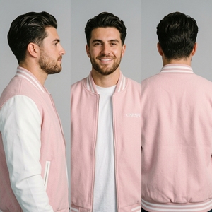 Veste en laine rose pour homme avec manches blanches, col et poignets en tricot côtelé, fermeture éclair intégrale, streetwear décontracté haut de gamme, vêtement d'extérieur bicolore personnalisé - Product Image 5