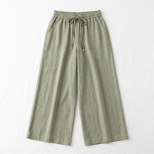 Pantalones Anchos de Cintura Media, Holgados, de Lino Chifón Verde Oliva, con Cintura Elástica, Casuales, de Verano, para Mujer - Product Image 1