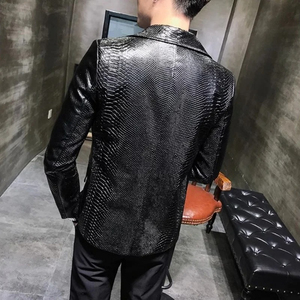 Veste en cuir PU noir pour homme, style motard, effet crocodile, col rabattu, fermeture éclair, coupe ajustée, pour l'automne - Product Image 3