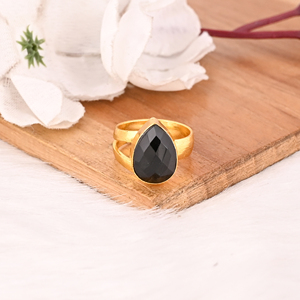 Gold Plated Black Onyx Gemstone <b>Ring</b> Handmade <b>Adjustable</b> Stylish Brass Jewelry for Women - Product Image 2