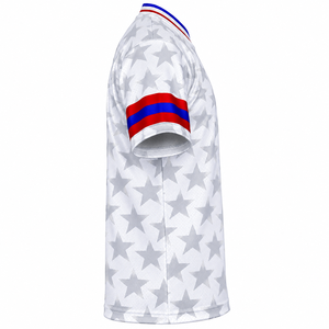 Maillot de football personnalisé à motif étoile sublimé, manches courtes pour homme, en polyester respirant, vêtement adulte, blanc avec bordures rouges et bleues - Product Image 6