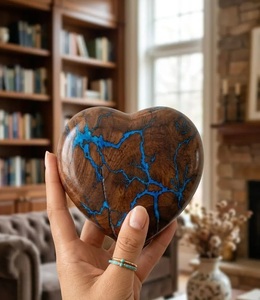 Handcrafted American Rose Wood Blue Resin Heart Urn Lichtenberg Fractal Burnt <b>Keepsake</b> for Cremation Pet Baby Eco-Friendly <b>Ashes</b> - Product Image 2