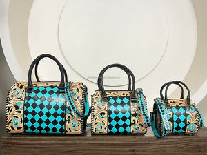 Hot Selling 2026 Designer Hand Tooled Genuine Leather Turquoise Checkered Pattern Western Purse Stylish Crossbody Shoulder <b>Bag</b> - Product Image 5