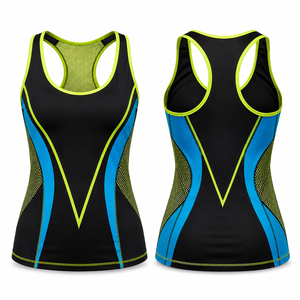 Débardeur sportif sans manches pour femme, coloris noir, bleu et vert, à blocs de couleur, dos nageur, séchage rapide, respirant, en maille - Product Image 1