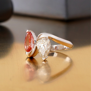 Vivid Red Pear Cut Lab Grown Diamond <b>Ring</b> 14K <b>Gold</b> Prong Set Fine Jewelry with Bar Inlay for Graduation Statement Piece - Product Image 2