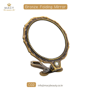 MACY BEAUTY KOREA Classic Bronze Folding <b>Handheld</b> <b>Mirror</b> with Crystal Detail Round Makeup <b>Mirror</b> Hollow Handle <b>Mirror</b> - Product Image 1