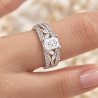 Square Center 925 Sterling Silver Zircon Ring with Four Marquise Accents and Three Row Openwork Shoulders