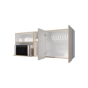 Armadio da cucina a parete in rovere naturale e bianco con spazio a microonde e ripiani aperti a doppie porte - Product Image 6