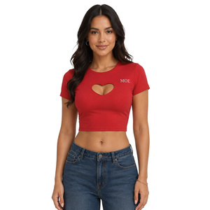Custom Heart Cutout Crop Top Private Label Embroidery Cotton women's shirt Slim Fit Half Sleeve Baby Tee High Quality Streetwear - Product Image 1