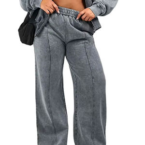 Ensemble de survêtement décontracté pour femmes grandes tailles, effet délavé, veste zippée et pantalon large, 2 pièces - Product Image 3
