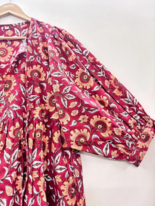 Robe formelle en coton écologique faite à la main avec imprimé floral au bloc, col en V, manches 3/4, ourlet à volants en dentelle, lavable, pour toutes les saisons - Product Image 3