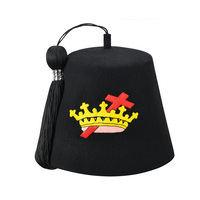 Gorro Fez de los Caballeros Templarios con Emblema Rojo y Dorado, 100% Lana Negra, Insignia Masónica Bordada