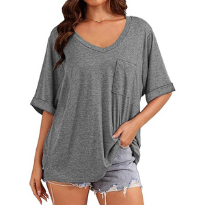 Camiseta de Mujer Oversize de Color Liso con Cuello Redondo, Hombros Caídos, Ajuste Holgado, Manga Corta, Transpirable, de Algodón Jersey para Primavera - Product Image 3
