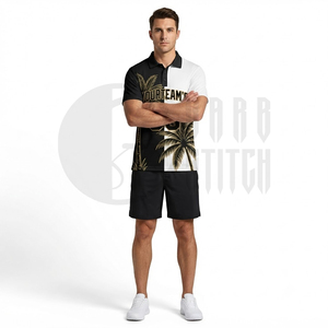 Polo de Hombre con Estampado de Palmeras en Blanco y Negro, Manga Corta, Casual, Transpirable, de Poliéster Tejido, con Diseño de Logotipo Frontal - Product Image 2