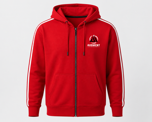 Sweat à capuche sportif rouge avec rayures pour homme |   Sweat-shirt décontracté à fermeture éclair intégrale |   Vêtements de sport avec logo personnalisé - Product Image 1