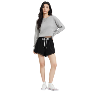 Factory Direct Women High Waist Ribbed Knit <b>Lace</b> Trim Drawstring Shorts <b>Elastic</b> Casual Hot Summer Bulk Order Custom Logo Service - Product Image 1