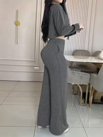 Women 2-Piece Fleece Woven Set Customized Color Short Sleeve Crop Top High Waist Wide Leg Pants Casual Solid Regular Fit Quick