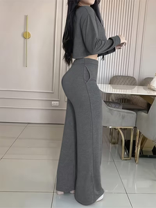 Women 2-Piece <b>Knitted</b> <b>Set</b> Gray Full Sleeve Crop Top High Waist Wide Leg Pants Casual Solid Color All Seasons Loose Fit - Product Image 3